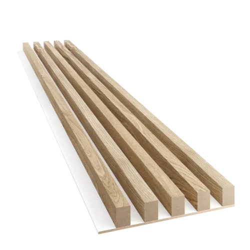 Dřevěné lamely ŠIROKÉ na BÍLÉ desce (MDF), DUBOVÁ DÝHA, 46 x 300 x 2750 mm (0,825 m2)