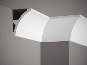Stropní lišta – HLADKÁ, tvrdý plast ProFoam (polyuretan), základní bílý nátěr (přetíratelný), 140 x 106 x 2000 mm