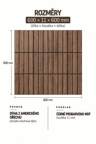Lamelový panel BARCELONA - DÝHA Z AMERICKÉHO OŘECHU, 600 x 600 x 11 mm, ČERNÝ MDF PANEL