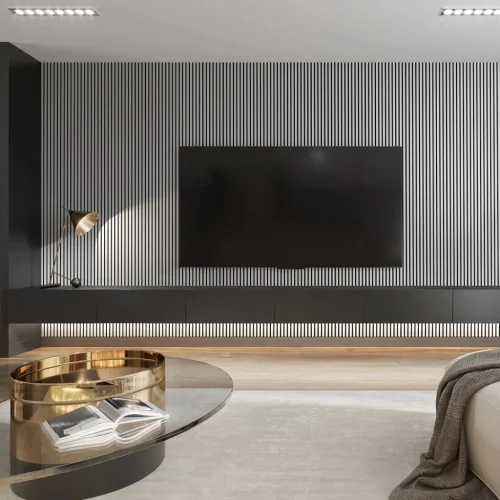 Akustický panel ACOUSTIC LINE - glacier grey | čierna, 2650 x 245 x 22 mm, lamely MDF + FINISH FOLIE, akustický podklad FILC