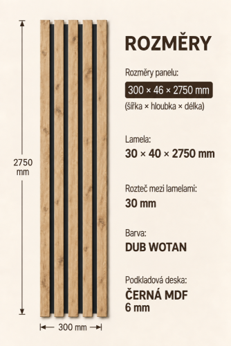 Dřevěné lamely ŠIROKÉ na ČERNÉ desce (MDF), DUB WOTAN, 46 x 300 x 2750 mm (0,825 m2)