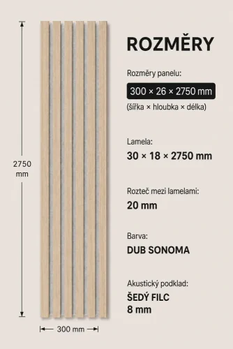 Akustický panel - DUB SONOMA, MDF + FÓLIA FINISH 3D, SIVÝ akustický podklad FILC, 300 x 2750 mm