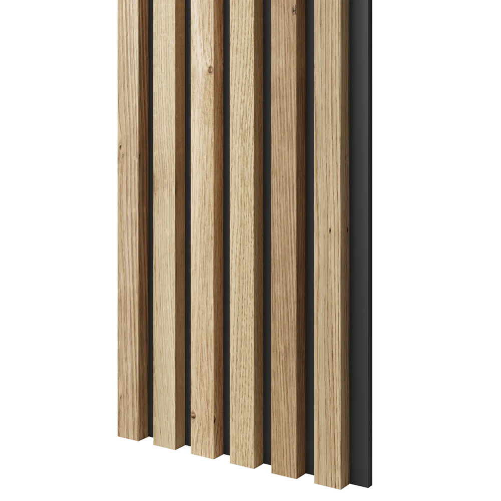 Dřevěné lamely ÚZKÉ na ČERNÉ desce (MDF), DUBOVÁ DÝHA,  24 x 300 x 2750 mm (0,825 m2)