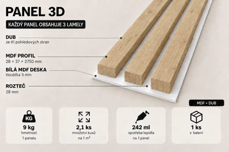LINEA 3 dřevěné lamely na desce - dub | bílá, 2750 x 176 x 40 mm