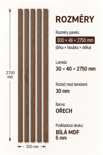 Dřevěné lamely ŠIROKÉ na BÍLÉ desce (MDF), OŘECH, 46 x 300 x 2750 mm (0,825 m2)