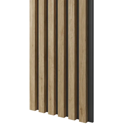 Dřevěné lamely ÚZKÉ na ČERNÉ desce (MDF), DUB PŘÍRODNÍ, FINISH FOLIE, 24 x 300 x 2750 mm (0,825 m2)