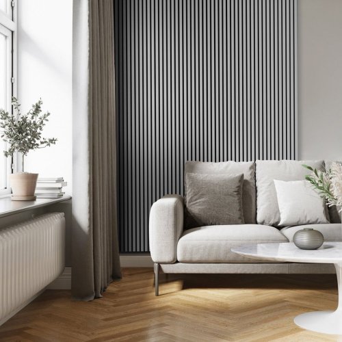 Akustický panel ACOUSTIC LINE - glacier grey | černá, 2650 x 245 x 22 mm, lamely MDF + FINISH FOLIE, akustický podklad FILC
