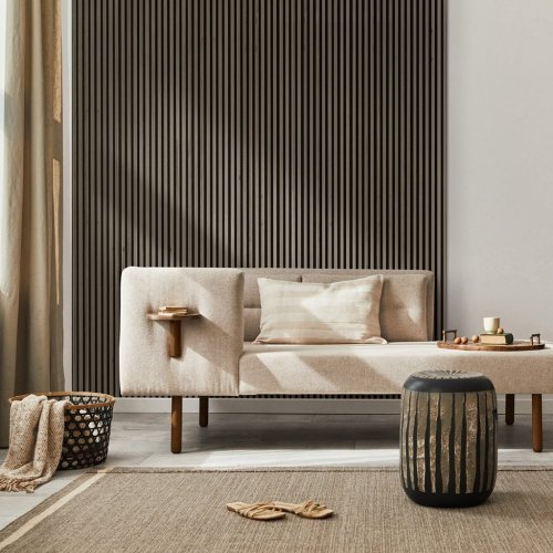 Akustický panel ACOUSTIC LINE - hakira beige | černá, 2650 x 245 x 22 mm, lamely MDF + FINISH FOLIE, akustický podklad FILC