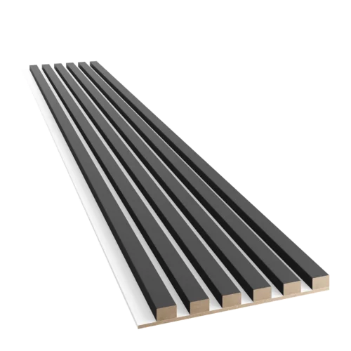 Dřevěné lamely ÚZKÉ na BÍLÉ desce (MDF), ČERNÁ MATNÁ, FINISH FOLIE, 24 x 300 x 2750 mm (0,825 m2)