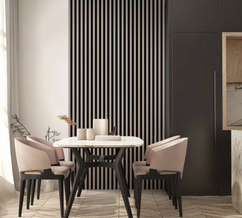 Realizace dřevěných lamel LINEA SLIM 3 – Béžový obklad za jídelním koutem