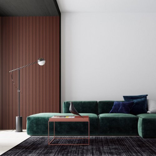 Akustický panel ACOUSTIC LINE - terracote | černá, 2650 x 245 x 22 mm, lamely MDF + FINISH FOLIE, akustický podklad FILC