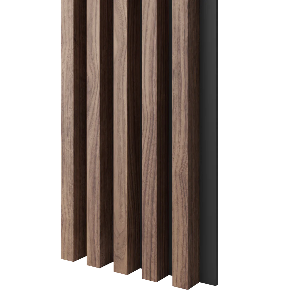 Dřevěné lamely ŠIROKÉ na ČERNÉ desce (MDF), OŘECH DÝHA, 46 x 300 x 2750 mm (0,825 m2)