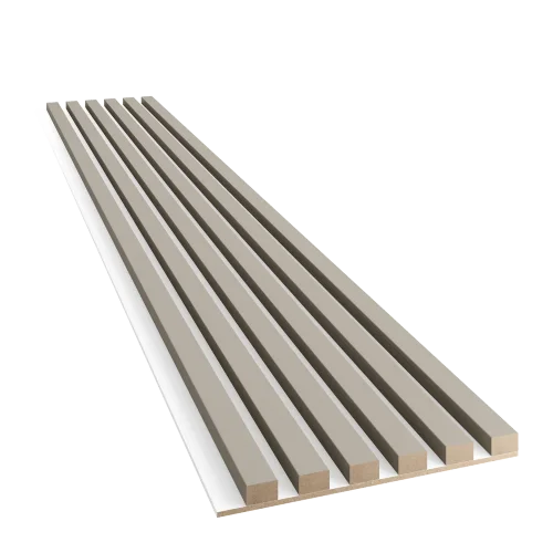 Dřevěné lamely ÚZKÉ na BÍLÉ desce (MDF), PÍSKOVÁ BÉŽOVÁ, FINISH FOLIE, 24 x 300 x 2750 mm (0,825 m2)