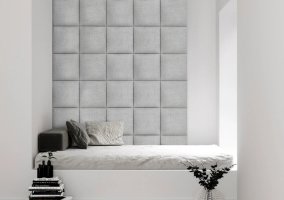 Realizace čalouněných panelů BASIC.01 – Šedé kostky v relaxační zóně