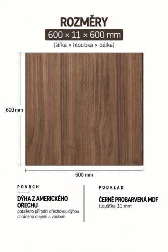 Lamelový panel MOJAVE - DÝHA Z AMERICKÉHO OŘECHU, 600 x 600 x 11 mm, ČERNÝ MDF PANEL