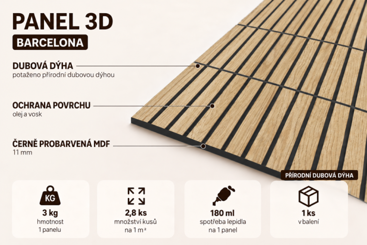 Lamelový panel BARCELONA - DUBOVÁ DÝHA, ČERNÝ podklad MDF, 600 x 600 x 11 mm