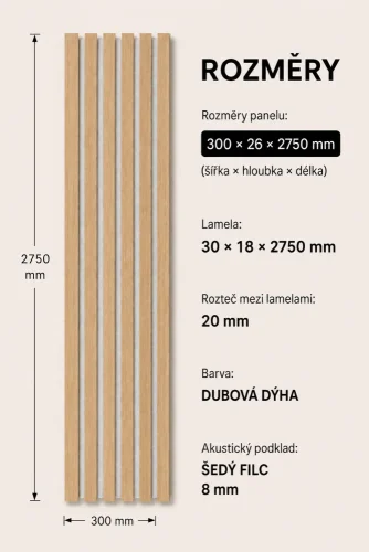 Akustický panel - DUBOVÁ DÝHA, MDF + DÝHA, ŠEDÝ akustický podklad FILC, 300 x 2750 mm - Povrchová úprava dýhy: Olejovaná