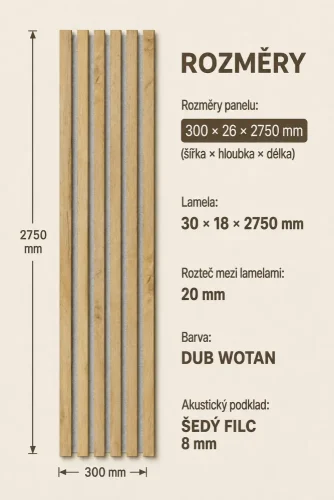 Akustický panel - DUB WOTAN, MDF + FÓLIA FINISH 3D, SIVÝ akustický podklad FILC, 300 x 2750 mm