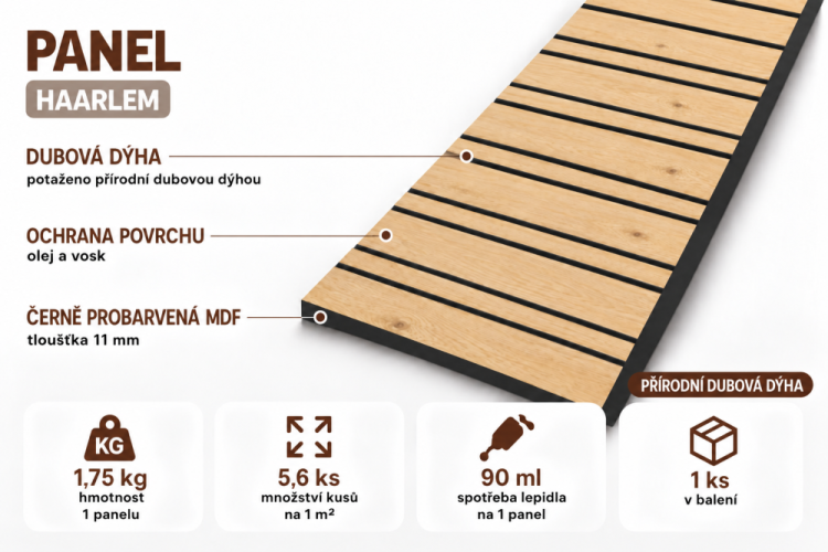 Lamelový panel HAARLEM - DUBOVÁ DÝHA, 600 x 300 x 11 mm, ČERNÝ MDF PANEL