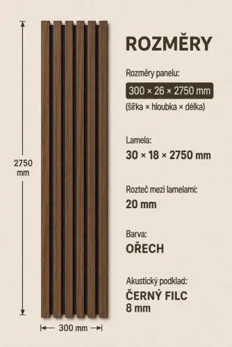 Akustický panel - ORECH, MDF + FÓLIA FINISH 3D, ČIERNY akustický podklad FILC, 300 x 2750 mm