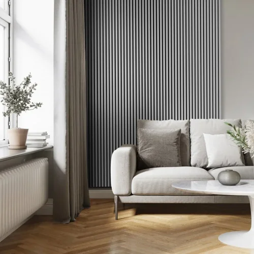 Akustický panel ACOUSTIC LINE - glacier grey | čierna, 2650 x 245 x 22 mm, lamely MDF + FINISH FOLIE, akustický podklad FILC