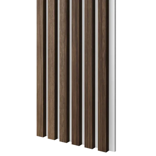 Drevené lamely ÚZKE na BIELEJ doske (MDF), ORECH, FINISH FÓLIA, 24 x 300 x 2750 mm (0,825 m2)
