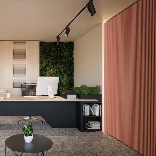 Akustický panel ACOUSTIC LINE - terracote | čierna, 2650 x 245 x 22 mm, lamely MDF + FINISH FILE, akustický podklad FILC