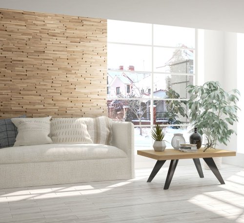 Realizace obkladu z dřevěných panelů CORRECTUS v obýváku