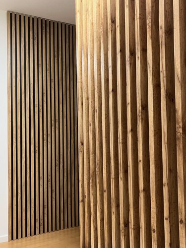 Dělící lamelová stěna - DUB WOTAN, (kompletní sada), MDF + FINISH FOLIE, 29 předpřipravených šířek od 510 do 2750 mm, libovolná výška (maximálně 2750 mm), 70 mm tloušťka příčky