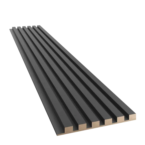 Dřevěné lamely ÚZKÉ na ČERNÉ desce (MDF), ČERNÁ MATNÁ, FINISH FOLIE, 24 x 300 x 2750 mm (0,825 m2)
