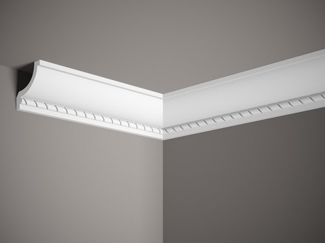 Stropní lišta – S ORNAMENTEM, tvrdý materiál ProFoam (Polyuretan), základní bílý nátěr (přetíratelný), 70 x 76 x 2000 mm