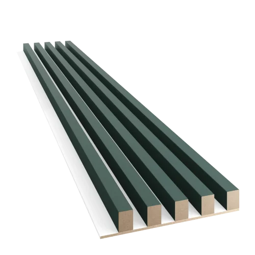 Dřevěné lamely ŠIROKÉ na BÍLÉ desce (MDF), LAHVOVĚ ZELENÁ, 46 x 300 x 2750 mm (0,825 m2)