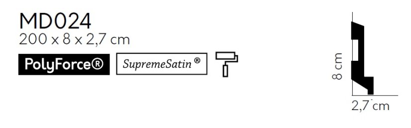 Podlahová lišta – PREMIUM, tvrdý plast PolyForce (HD Polymer), kvalitní bílý lak (finální povrch), 80 x 27 x 2000 mm