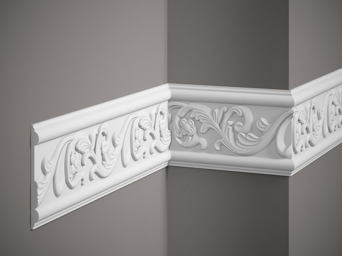 VZORKA - Nástenná lišta – S ORNAMENTOM, tvrdý plast ProFoam® (polyuretán), základný biely náter (pretierateľný), 128 x 14 x 100 mm