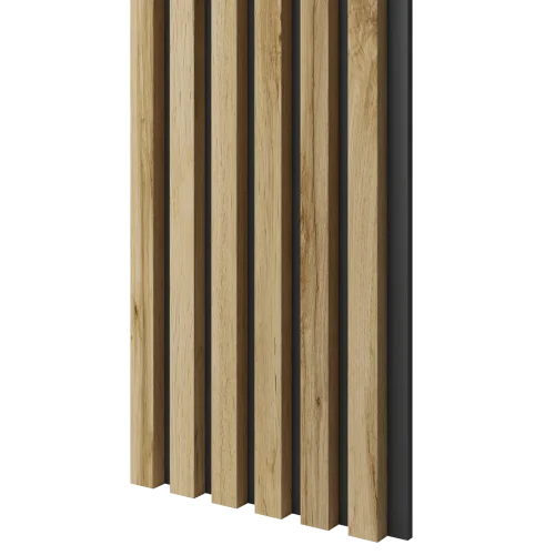 Dřevěné lamely ÚZKÉ na ČERNÉ desce (MDF), DUB WOTAN, FINISH FOLIE, 24 x 300 x 2750 mm (0,825 m2)