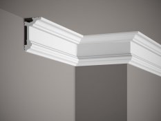VZOREK - Stropní lišta – HLADKÁ, tvrdý plast PolyForce (HD Polymer), základní bílý nátěr (přetíratelný), 96 x 55 x 100 mm