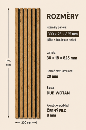 ATYPICKÝ PRODUKT - Akustický panel - DUB WOTAN, MDF + FÓLIA FINISH 3D, ČIERNY akustický podklad FILC, 300 x 825 mm