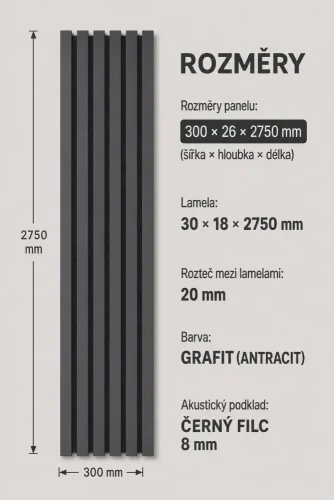 Akustický panel - GRAFIT (ANTRACIT), MDF + FOLIE FINISH, ČIERNY akustický podklad FILC, 300 x 2750 mm
