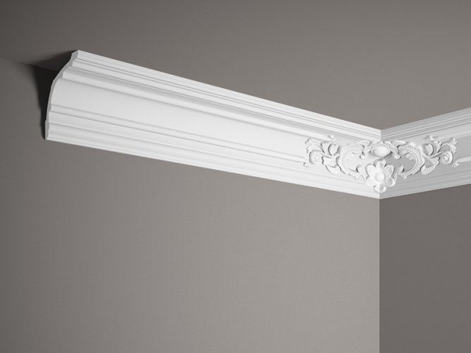 Stropní lišta – S ORNAMENTEM, tvrdý materiál ProFoam (Polyuretan), základní bílý nátěr (přetíratelný), 171 x 178 x 2000 mm