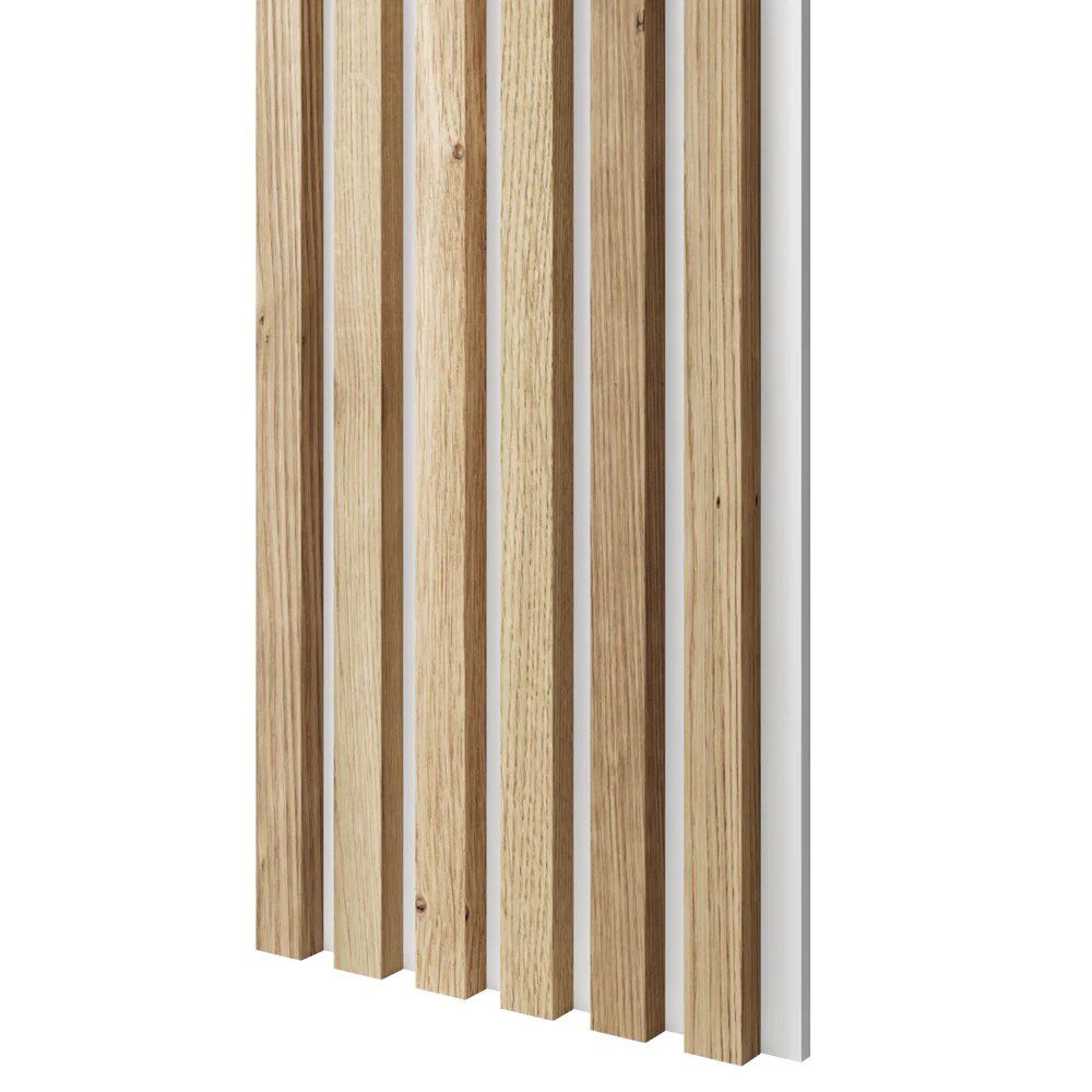 Dřevěné lamely ÚZKÉ na BÍLÉ desce (MDF), DUBOVÁ DÝHA, 24 x 300 x 2750 mm (0,825 m2)