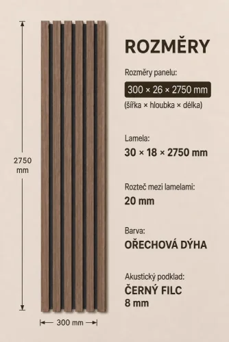 Akustický panel - OŘECH DÝHA, MDF, ČERNÝ akustický podklad FILC, 300 x 2750 mm - Povrchová úprava dýhy: Olejovaná