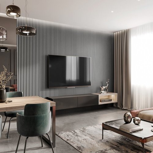 Akustický panel ACOUSTIC LINE - glacier grey | černá, 2650 x 245 x 22 mm, lamely MDF + FINISH FOLIE, akustický podklad FILC