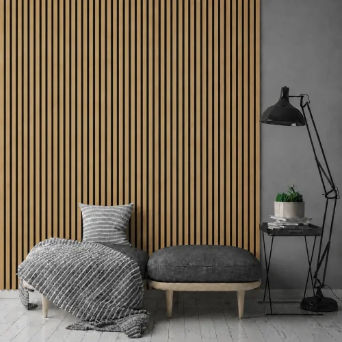 Dřevěné lamely ÚZKÉ na ČERNÉ desce (MDF), EVROPSKÝ DUB, CPL PREMIUM, 24 x 300 x 2750 mm (0,825 m2)