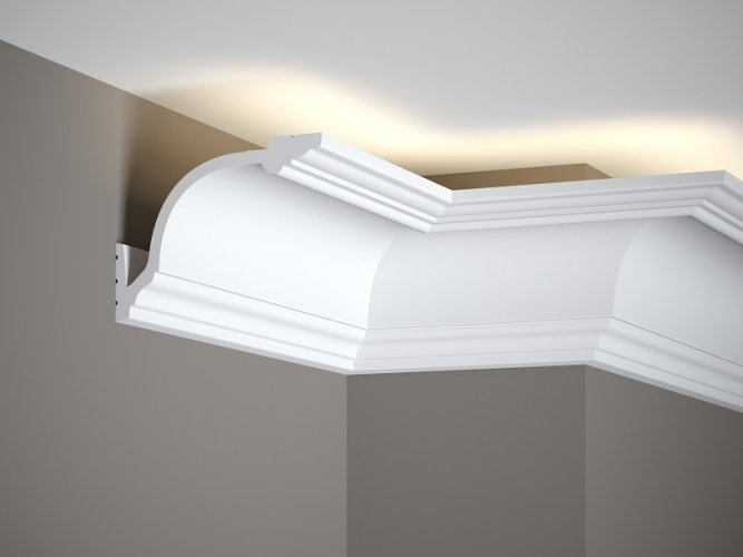 Stropní LED osvětlovací lišta, NEPŘÍMÉ OSVĚTLENÍ, tvrdý plast PolyForce (HD Polymer), základní bílý nátěr (přetíratelný), 110 x 145 x 2000 mm