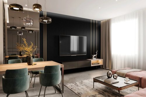 Realizace dřevěného obkladu LINEA SLIM – Černozlatá kombinace v obýváku