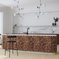 Realizace dřevěného obkladu na kuchyňském ostrůvku - lodní mozaika