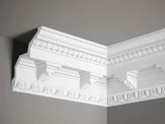 Stropná lišta – S ORNAMENTOM, tvrdý materiál ProFoam (Polyuretán), základný biely náter (pretierateľný), 133 x 137 x 2000 mm