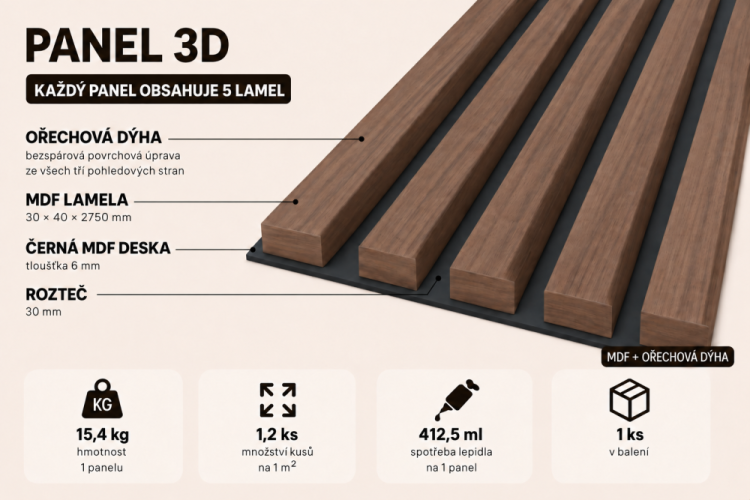 Drevené lamely ŠIROKÉ na ČIERNEJ doske (MDF), ORECH DYHA, 46 x 300 x 2750 mm (0,825 m2) - Povrchová úprava dyhy: Olejovaná
