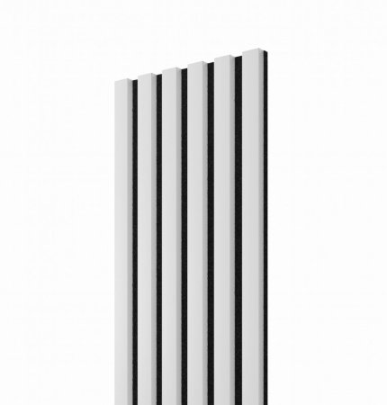 Stěnové obkladové panely s akustickým podkladem z PET lahví a s lamelami v bílé variantě