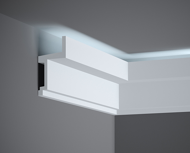 Stropná LED osvetľovacia lišta, NEPRIAME OSVETLENIE, tvrdý plast ProFoam® (polyuretán), základný biely náter (pretierateľný), 110 x 60 x 2000 mm